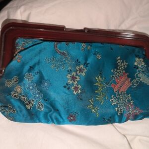 Teal Floral Clutch with Wooden Frame